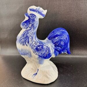 Ceramic Chinoiserie Style Blue & White Rooster Figurine Statue 8"